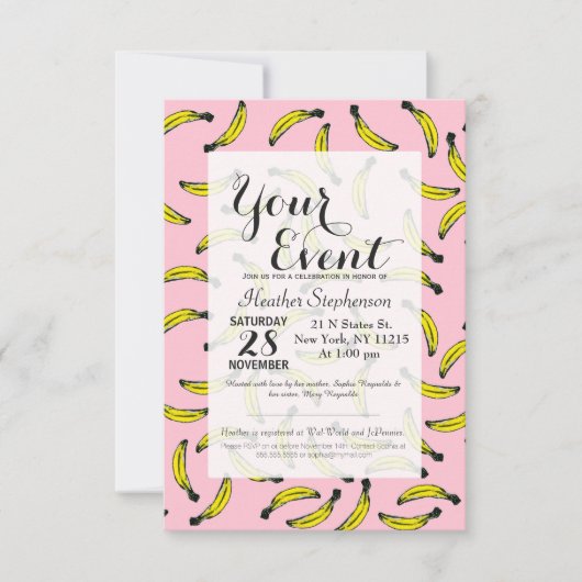 かわいい手の水色彩の鮮やか彩バナナとピンク 招待状 (正面)