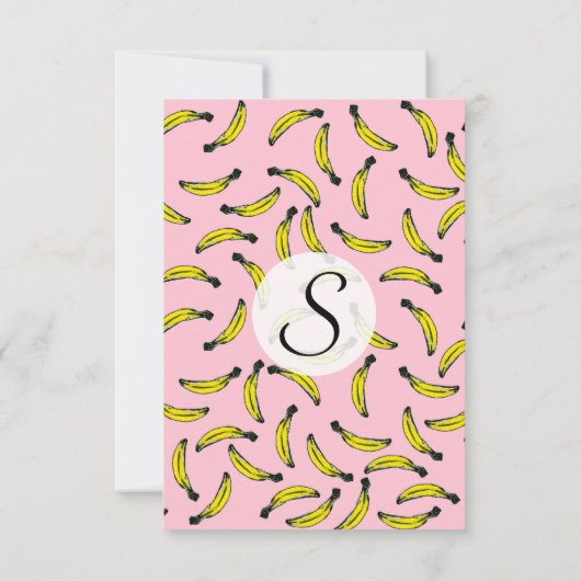 かわいい手の水色彩の鮮やか彩バナナとピンク 招待状 (裏面)
