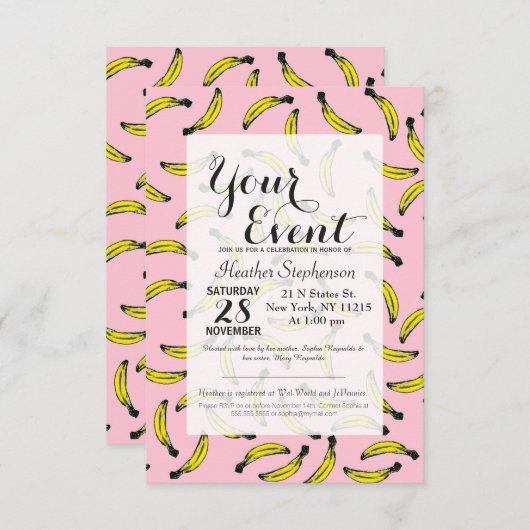 かわいい手の水色彩の鮮やか彩バナナとピンク 招待状 (正面/裏面)