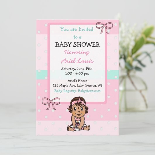 かわいい手ひきヒスパニック赤ちゃん女の子の赤ちゃんシャワー 招待状 (スタンド正面)