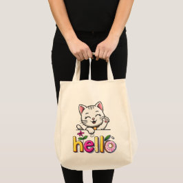 かわいい手を振る猫のハロー カラフル レトロトートバッグ トートバッグ