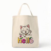 かわいい手を振る猫のハロー カラフル レトロトートバッグ