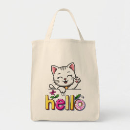 かわいい手を振る猫のハロー カラフル レトロトートバッグ トートバッグ