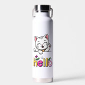 かわいい手を振る猫 ハロー カラフル レトロ 水筒 (正面)