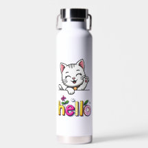 かわいい手を振る猫 ハロー カラフル レトロ 水筒
