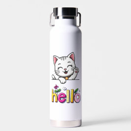 かわいい手を振る猫 ハロー カラフル レトロ 水筒