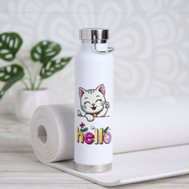 かわいい手を振る猫 ハロー カラフル レトロ 水筒