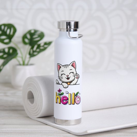 かわいい手を振る猫 ハロー カラフル レトロ 水筒 (ヨガ (回転後))