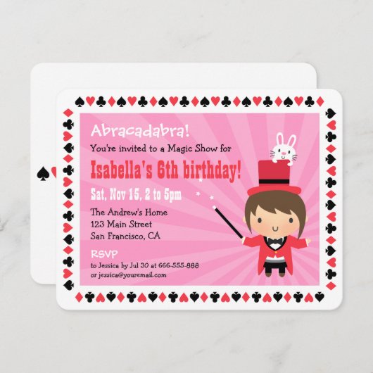 かわいい手品師の女の子は魔法のパーティの招待状をからかいます 招待状 (正面/裏面)