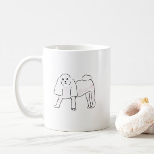 かわいい手描きのふわふわ白い犬のイラスト コーヒーマグカップ (ドーナツ)