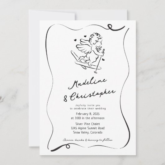 かわいい手描きのキューピッドがスキーをする冬の結婚式 招待状 (正面)