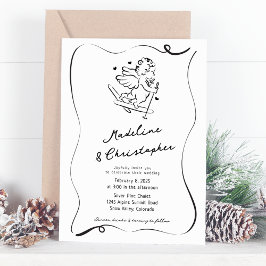 かわいい手描きのキューピッドがスキーをする冬の結婚式 招待状