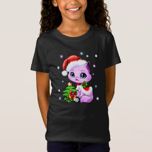 かわいい手描きのクリスマス猫の女の子のフットボールティー Tシャツ (正面)