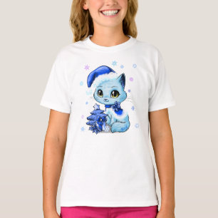 かわいい手描きのクリスマス猫の女の子のTシャツ Tシャツ