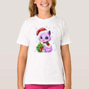 かわいい手描きのクリスマス猫の女の子のTシャツ Tシャツ