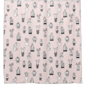 かわいい手描きのサボテンパターン シャワーカーテン (正面)