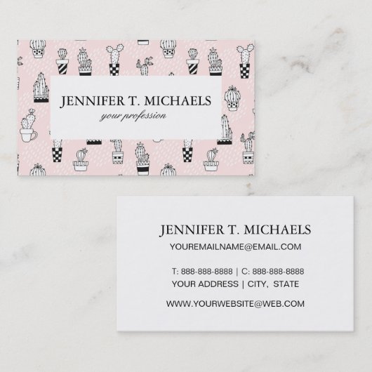 かわいい手描きのサボテンパターン 名刺 (正面/裏面)