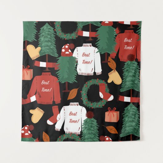 かわいい手描きのシームレスなクリスマスパターン クリスマ タペストリー (正面)