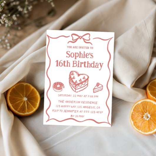 かわいい手描きのスイーツ＆リボン スイート16の誕生日 招待状