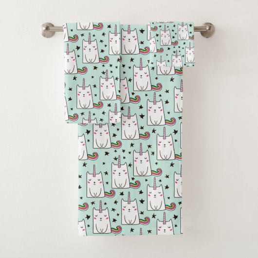 かわいい手描きのユニコーン猫パターン バスタオルセット (インサイチュ)
