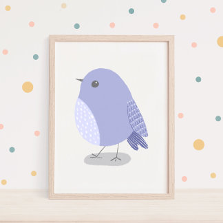 かわいい手描きのラベンダー鳥の保育園アート ポスター