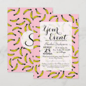 かわいい手描きの水彩画のバナナとピンク 招待状 (正面/裏面)