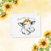 かわいい手描きの牛とひまわりの引越しアナウンス ポストカード