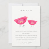 かわいい手描きの虹色のピンクの鳥のベイビーシャワー サンキューカード (正面)