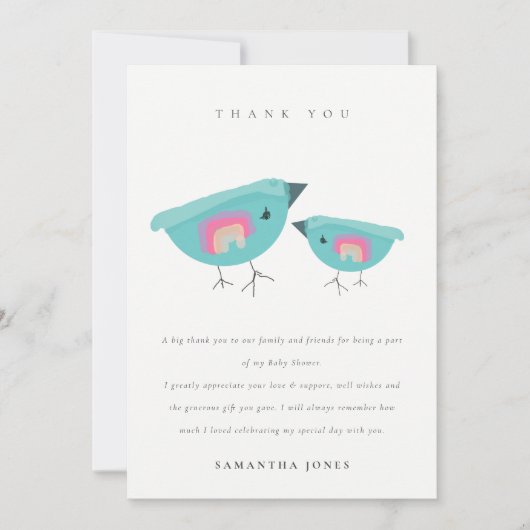 かわいい手描きの虹色の青い鳥のベイビーシャワー サンキューカード (正面)