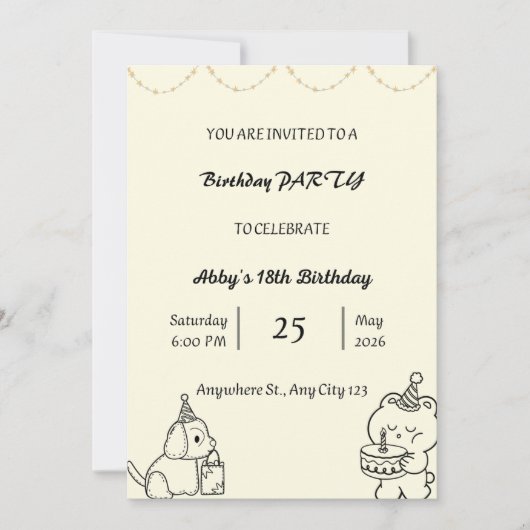 かわいい手描きの誕生日パーティー招待状カード 招待状 (正面)