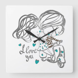 かわいい手描きの「I Love You」デジタルアート スクエア壁時計