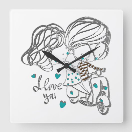 かわいい手描きの「I Love You」デジタルアート スクエア壁時計 (正面)