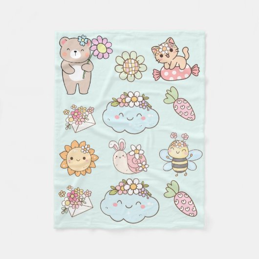 かわいい手描きイラスト ベビー・子供部屋の装飾 青 フリースブランケット (正面)