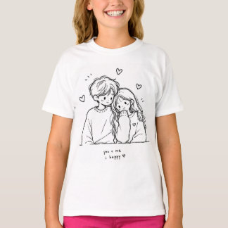 かわいい手描きカップルイラストグラフィックTシャツ Tシャツ