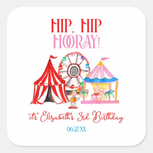 かわいい手描きカーニバルサーカス誕生日 スクエアシール (正面)