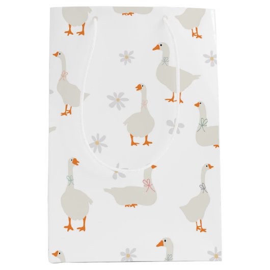 かわいい手描きガチョウとデイジー ミディアムペーパーバッグ (正面)