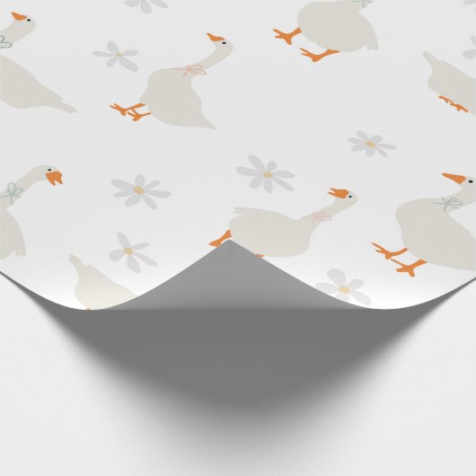 かわいい手描きガチョウとデイジー ラッピングペーパー (角)