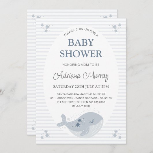 かわいい手描きクジラほこりっぽい青い赤ちゃんシャワー 招待状 (正面/裏面)