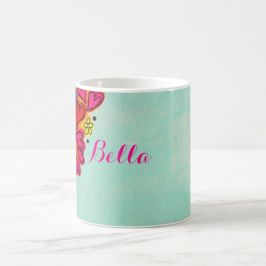 かわいい手描きドードルハートと花 コーヒーマグカップ (中央)