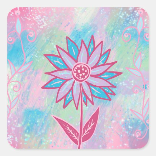 かわいい手描きパステルフラワー スクエアシール (正面)