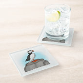 かわいい手描きパフィン ガラスコースター (アングル)