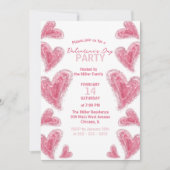 かわいい手描きピンクハートバレンタインデーパーティー 招待状 (正面)