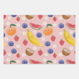 かわいい手描きフルーツと顔シームレスパット ラッピングペーパーシート