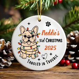 かわいい手描きフレンチ・ブルドッグの最初のクリスマス セラミックオーナメント