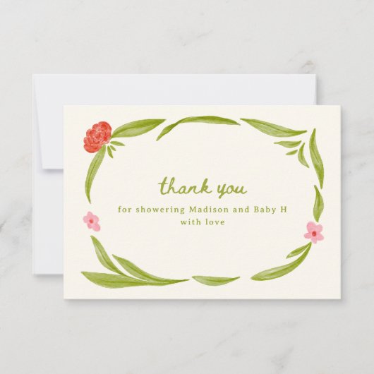 かわいい手描きフローラ赤ちゃんシャワーサンキューカード サンキューカード (正面)