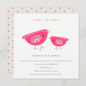 かわいい手描きレインボーピンクバーディベビーシャワー 招待状 (正面/裏面)