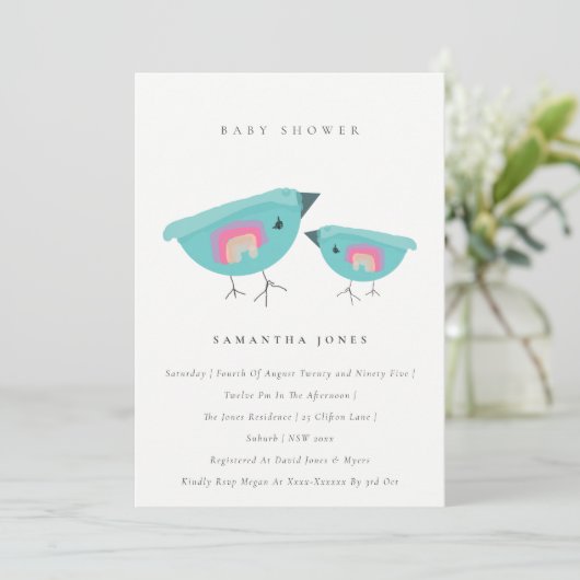 かわいい手描きレインボーブルーバーディベビーシャワー 招待状 (スタンド正面)