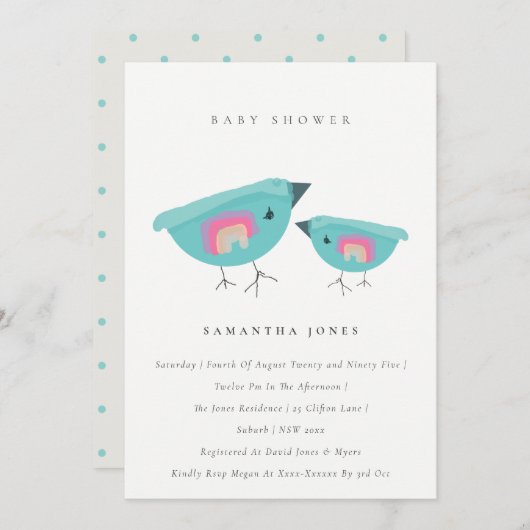 かわいい手描きレインボーブルーバーディベビーシャワー 招待状 (正面/裏面)