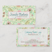 かわいい手描きレトロフラワーグリーン&ベージュ 名刺 (正面/裏面)