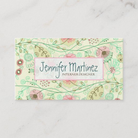 かわいい手描きレトロフラワーグリーン&ベージュ 名刺 (正面)